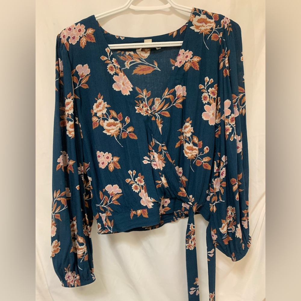 American Eagle Outfitters Floral Wrap Blouse - Teal and Pink